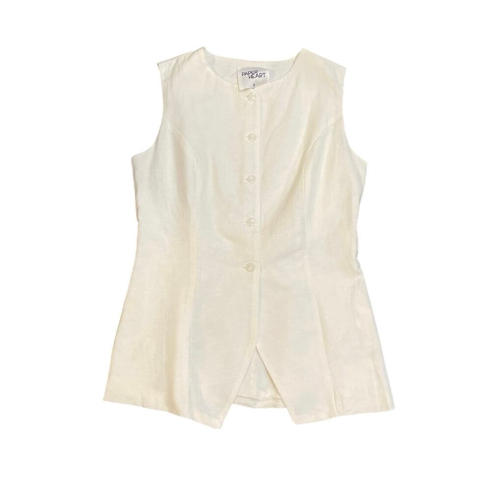 Paper Heart White Linen Blend Button Front Vest SZ S Breezy Relaxed Artsy